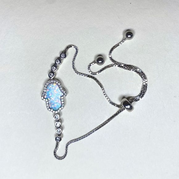 HAMSA 🪬 EVIL EYE 🧿 STERLING PLATED SLIDE CHAIN BRACELETS CZS FIRE OPAL CZS NWT - Picture 3 of 9